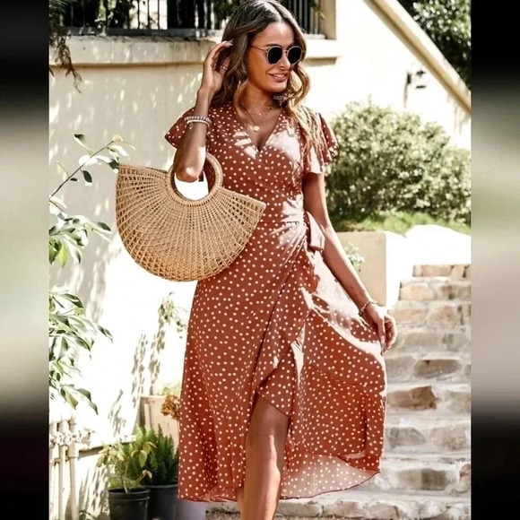 Polka Dot Print Butterfly Sleeve Knot Side Ruffle Trim Wrap Dress - Picture 5 of 5